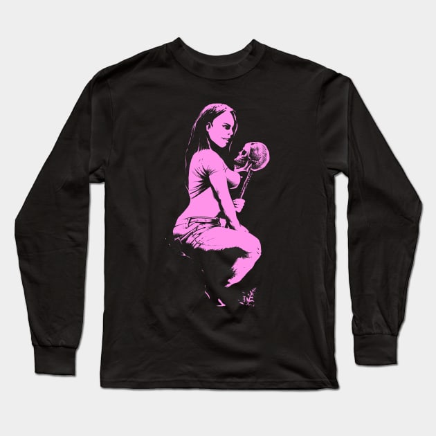 Woman and skull (pink version) Long Sleeve T-Shirt by wildsidecomix